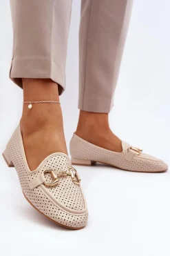 Mokasyny Damskie Na Płaskim Obcasie Z Ozdobą Beżowe Iluvana