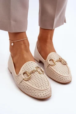 Mokasyny Damskie Na Płaskim Obcasie Z Ozdobą Beżowe Iluvana