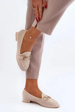 Mokasyny Damskie Na Płaskim Obcasie Z Ozdobą Beżowe Iluvana