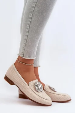 Mokasyny Damskie Na Płaskim Obcasie Z Broszką Beżowe D&A MR38-676