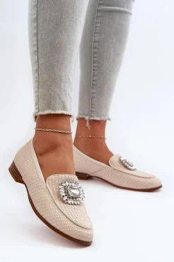 Mokasyny Damskie Na Płaskim Obcasie Z Broszką Beżowe D&A MR38-676