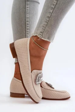 Mokasyny Damskie Na Płaskim Obcasie Z Broszką Beżowe D&A MR38-676