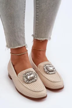 Mokasyny Damskie Na Płaskim Obcasie Z Broszką Beżowe D&A MR38-676