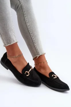 Mokasyny Damskie Na Płaskim Obcasie Z Ozdobą Czarne Aviole