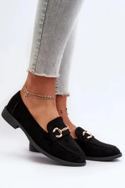 Mokasyny Damskie Na Płaskim Obcasie Z Ozdobą Czarne Aviole