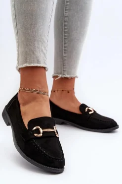 Mokasyny Damskie Na Płaskim Obcasie Z Ozdobą Czarne Aviole