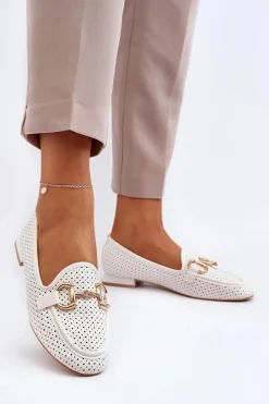 Mokasyny Damskie Na Płaskim Obcasie Z Ozdobą Białe Iluvana