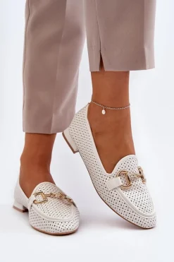 Mokasyny Damskie Na Płaskim Obcasie Z Ozdobą Białe Iluvana