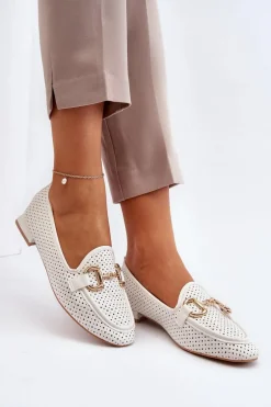Mokasyny Damskie Na Płaskim Obcasie Z Ozdobą Białe Iluvana