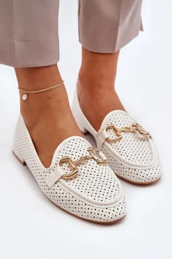 Mokasyny Damskie Na Płaskim Obcasie Z Ozdobą Białe Iluvana