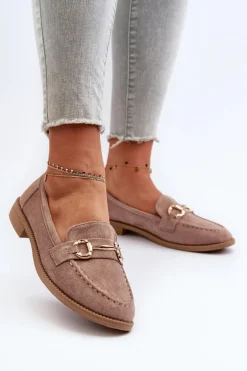 Mokasyny Damskie Na Płaskim Obcasie Z Ozdobą Ciemnobeżowe Aviole