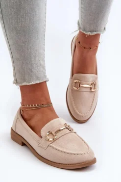 Mokasyny Damskie Na Płaskim Obcasie Z Ozdobą Beżowe Aviole