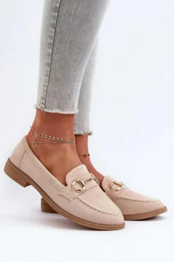 Mokasyny Damskie Na Płaskim Obcasie Z Ozdobą Beżowe Aviole