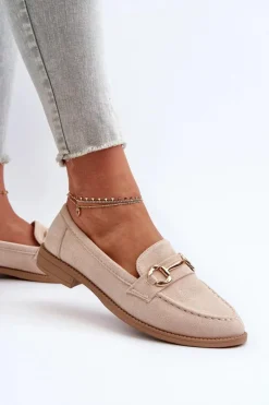 Mokasyny Damskie Na Płaskim Obcasie Z Ozdobą Beżowe Aviole