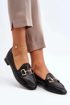 Mokasyny Damskie Na Płaskim Obcasie Z Ozdobą Czarne Iluvana
