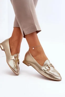 Mokasyny Damskie Na Płaskim Obcasie Z Ozdobą Złote Iluvana