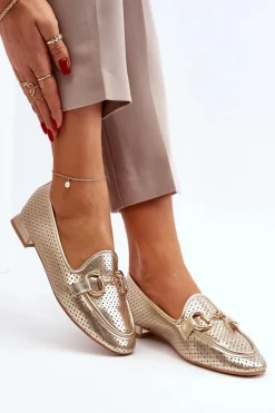 Mokasyny Damskie Na Płaskim Obcasie Z Ozdobą Złote Iluvana