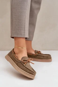 Mokasyny Damskie Na Płaskiej Podeszwie Ciemnozielone Timannie