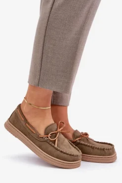 Mokasyny Damskie Na Płaskiej Podeszwie Ciemnozielone Timannie