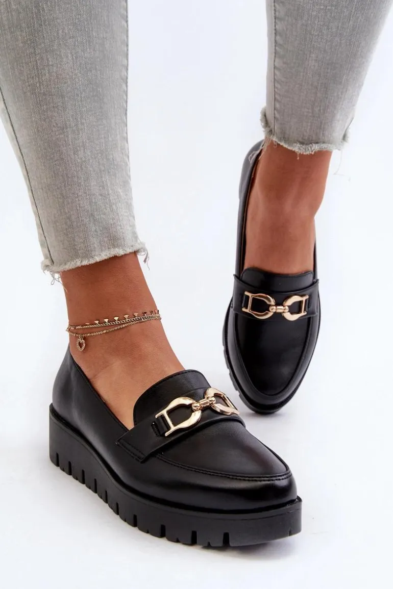 Mokasyny Damskie Na Platformie Z Ozdobą Czarne Kaldina
