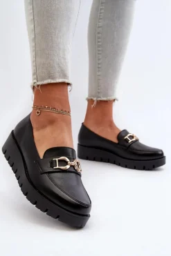 Mokasyny Damskie Na Platformie Z Ozdobą Czarne Kaldina