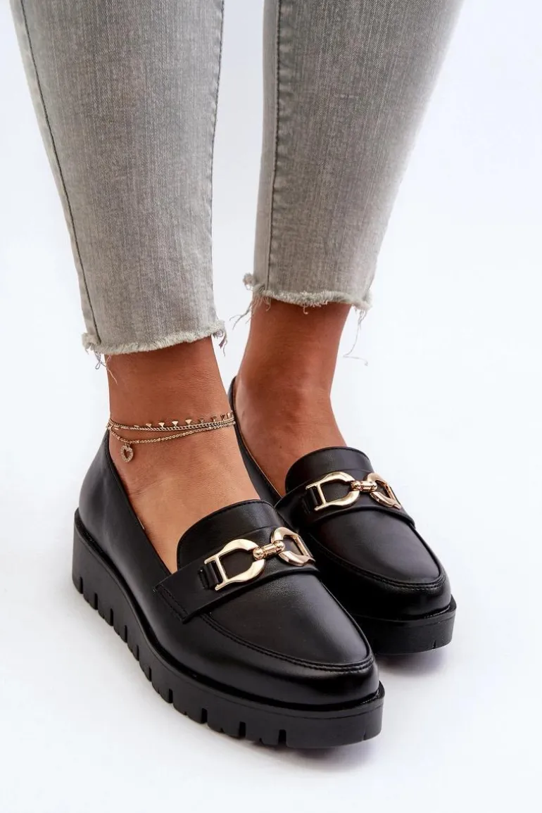 Mokasyny Damskie Na Platformie Z Ozdobą Czarne Kaldina