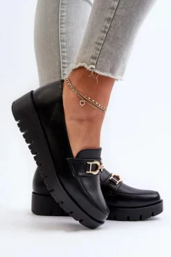 Mokasyny Damskie Na Platformie Z Ozdobą Czarne Kaldina