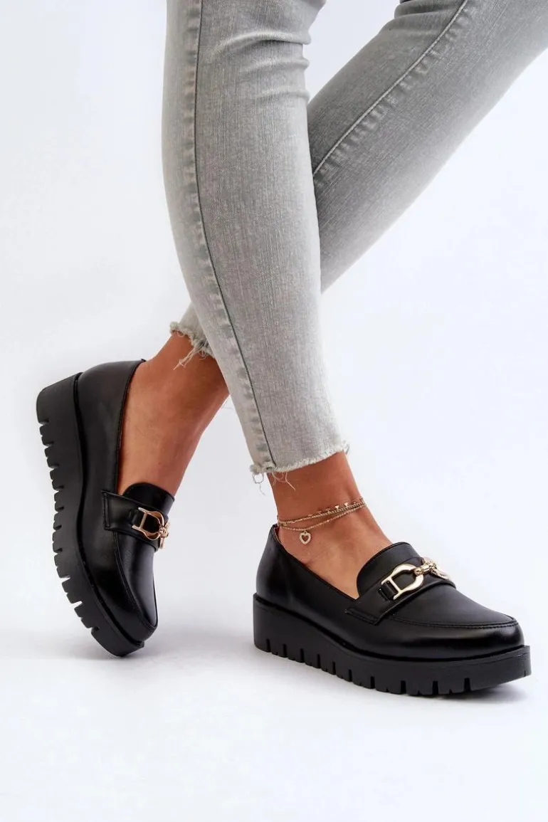 Mokasyny Damskie Na Platformie Z Ozdobą Czarne Kaldina