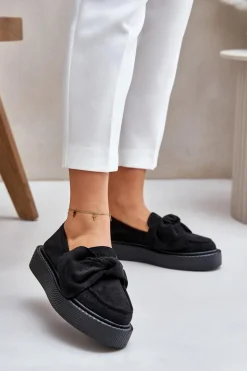 Mokasyny Damskie Na Platformie Z Kokardą Czarne Naivine