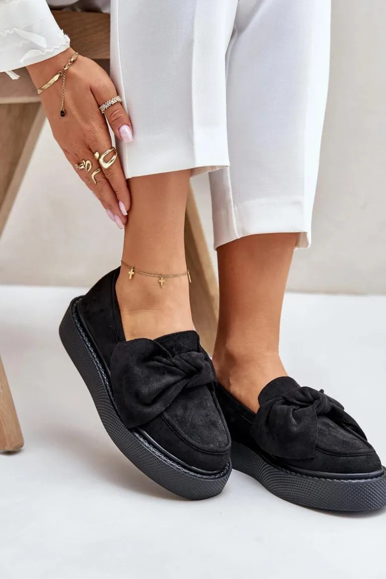 Mokasyny Damskie Na Platformie Z Kokardą Czarne Naivine