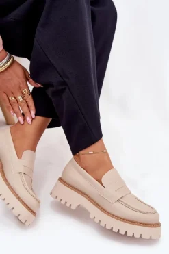 Mokasyny Damskie Na Platformie I Płaskim Obcasie Big Star NN274050 Beżowe