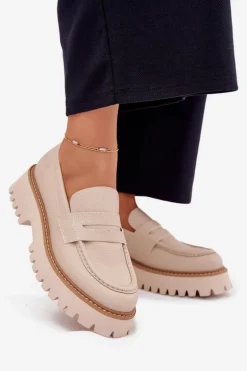 Mokasyny Damskie Na Platformie I Płaskim Obcasie Big Star NN274050 Beżowe