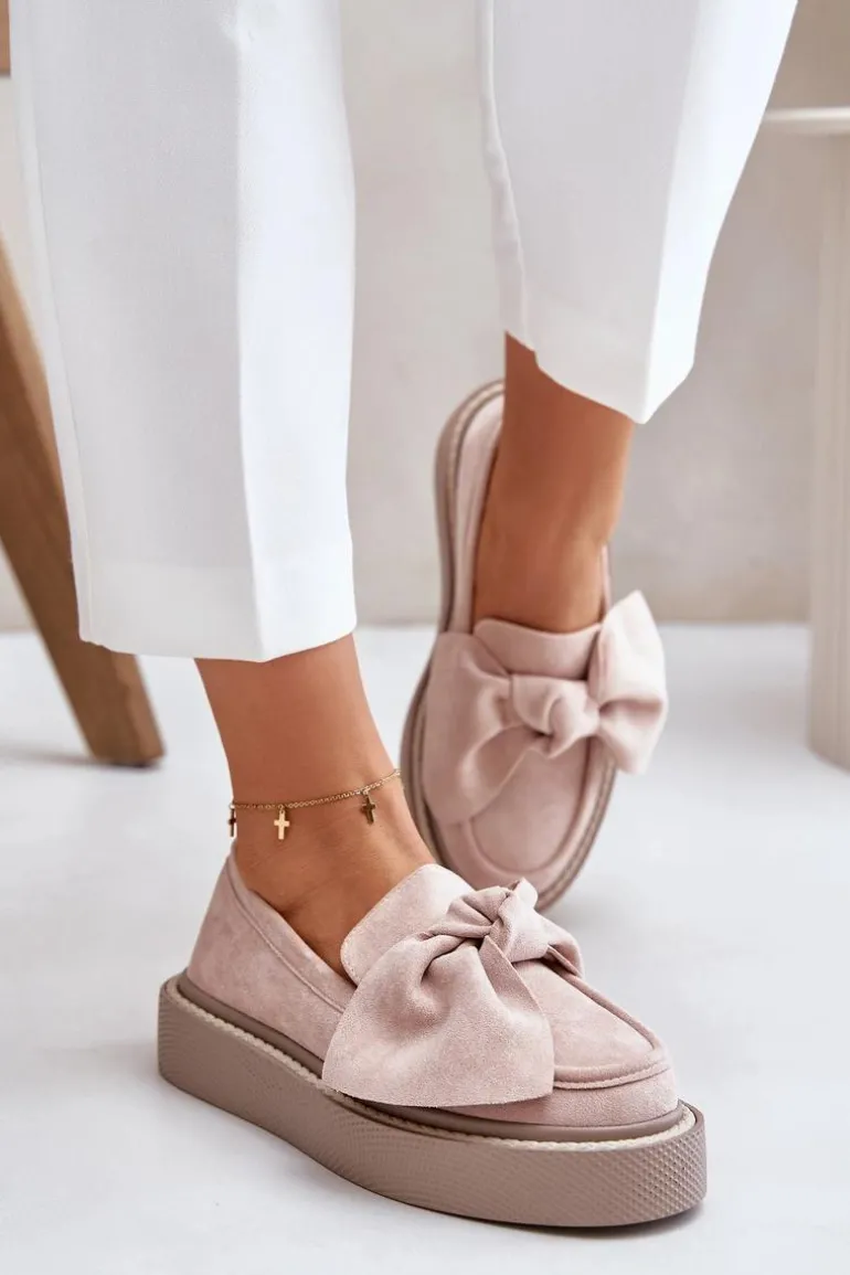 Mokasyny Damskie Na Platformie Z Kokardą Pudrowy Róż Naivine