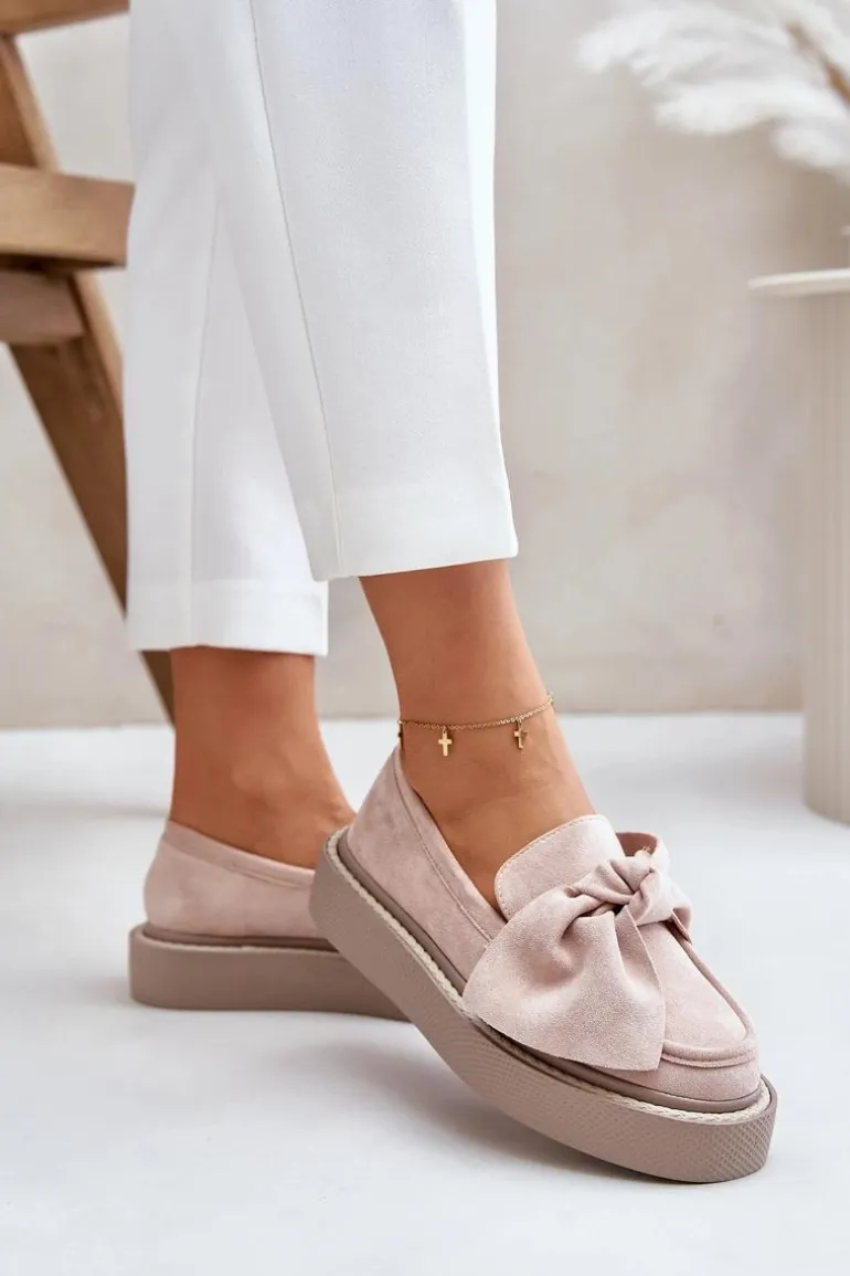 Mokasyny Damskie Na Platformie Z Kokardą Pudrowy Róż Naivine