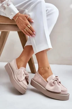 Mokasyny Damskie Na Platformie Z Kokardą Pudrowy Róż Naivine
