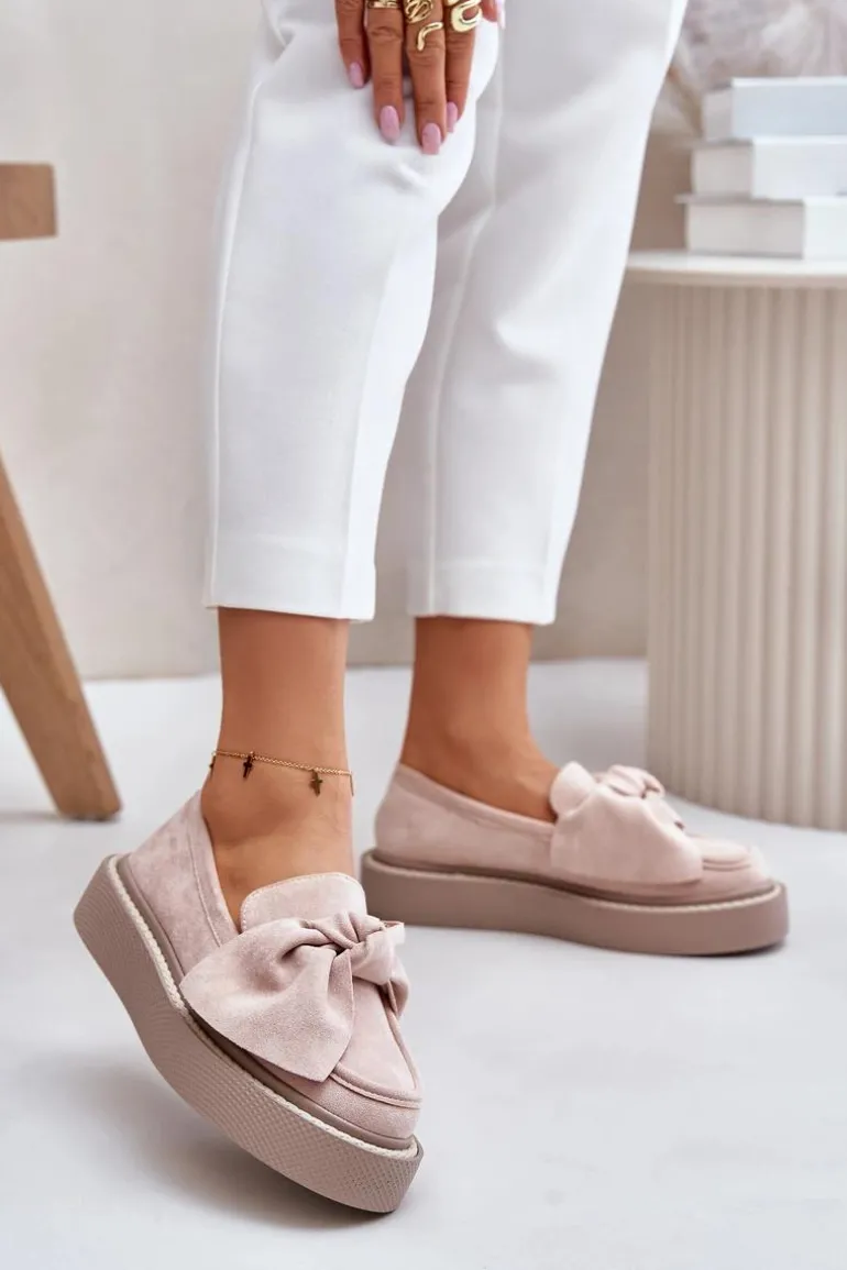 Mokasyny Damskie Na Platformie Z Kokardą Pudrowy Róż Naivine