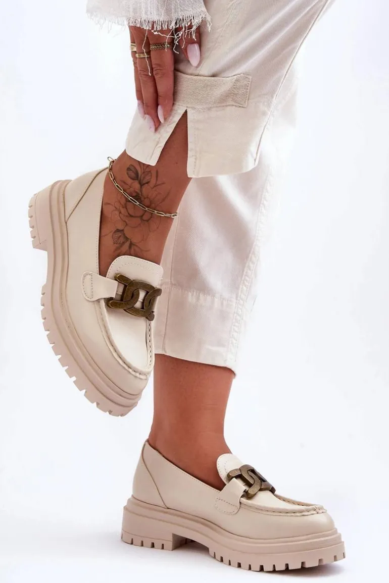 Mokasyny Damskie Na Platformie Z Ozdobą Beżowe Ameg