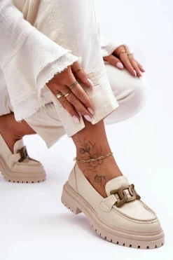 Mokasyny Damskie Na Platformie Z Ozdobą Beżowe Ameg