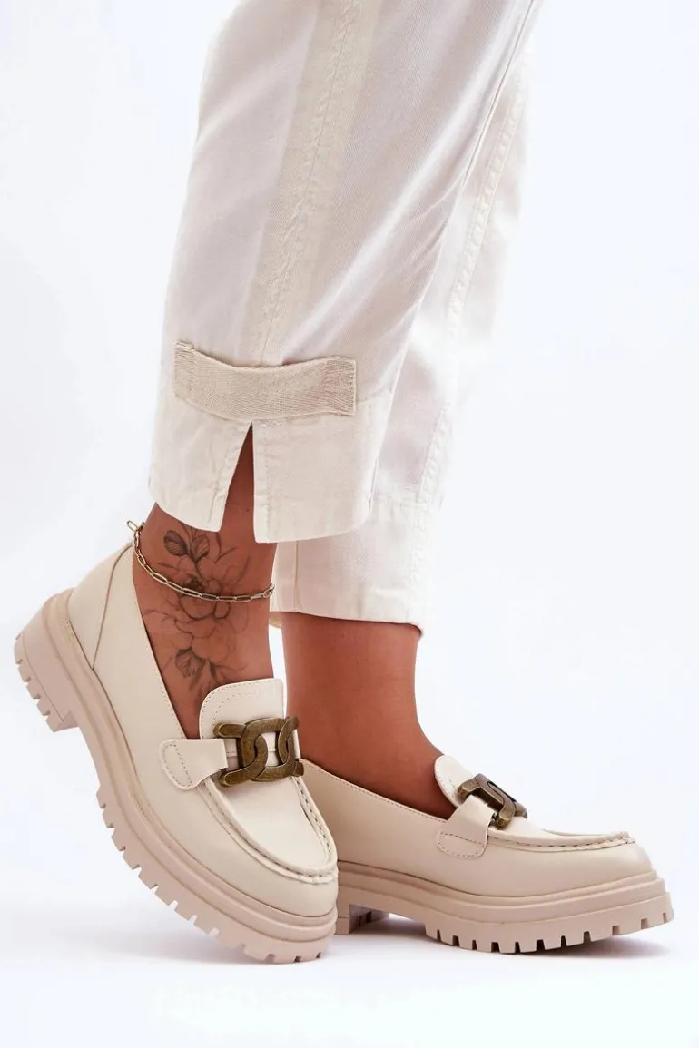 Mokasyny Damskie Na Platformie Z Ozdobą Beżowe Ameg