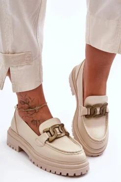 Mokasyny Damskie Na Platformie Z Ozdobą Beżowe Ameg