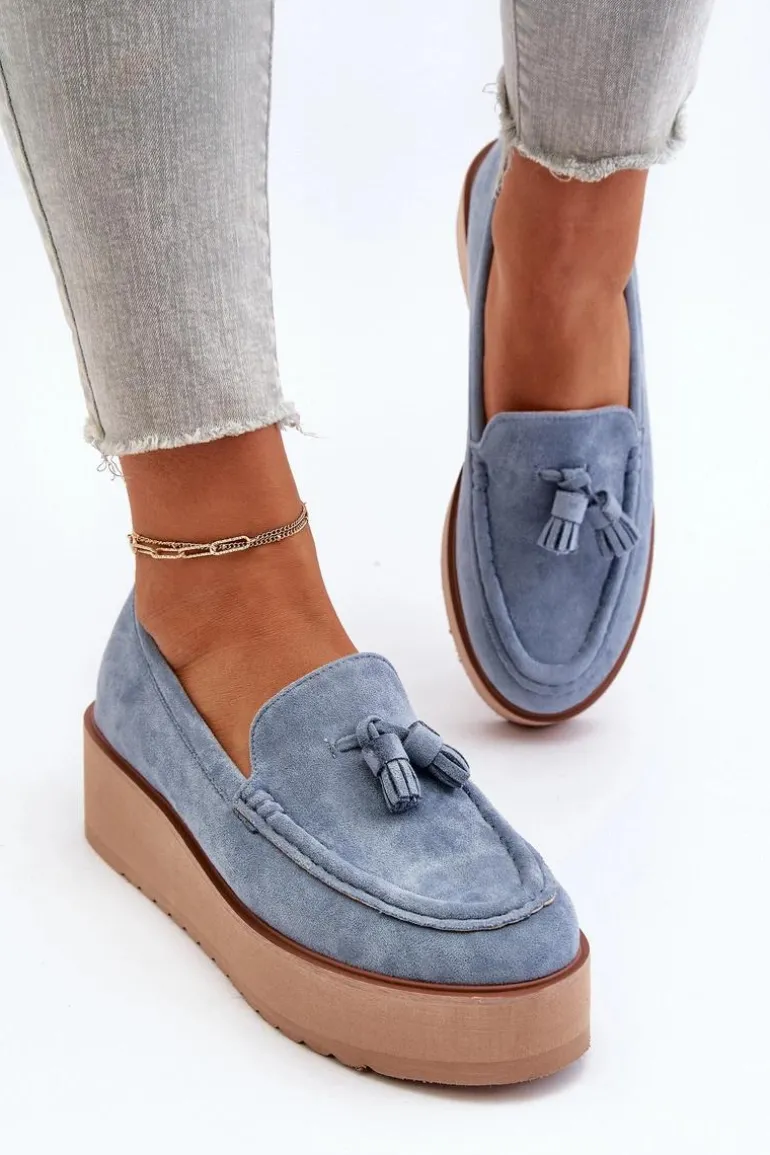 Mokasyny Damskie Na Platformie Z Frędzlami Niebieskie Mialani