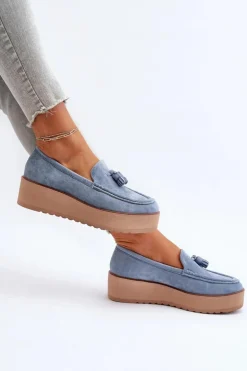 Mokasyny Damskie Na Platformie Z Frędzlami Niebieskie Mialani