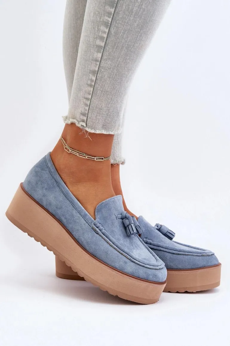 Mokasyny Damskie Na Platformie Z Frędzlami Niebieskie Mialani
