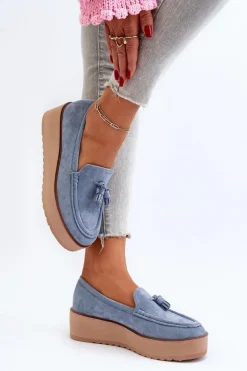 Mokasyny Damskie Na Platformie Z Frędzlami Niebieskie Mialani