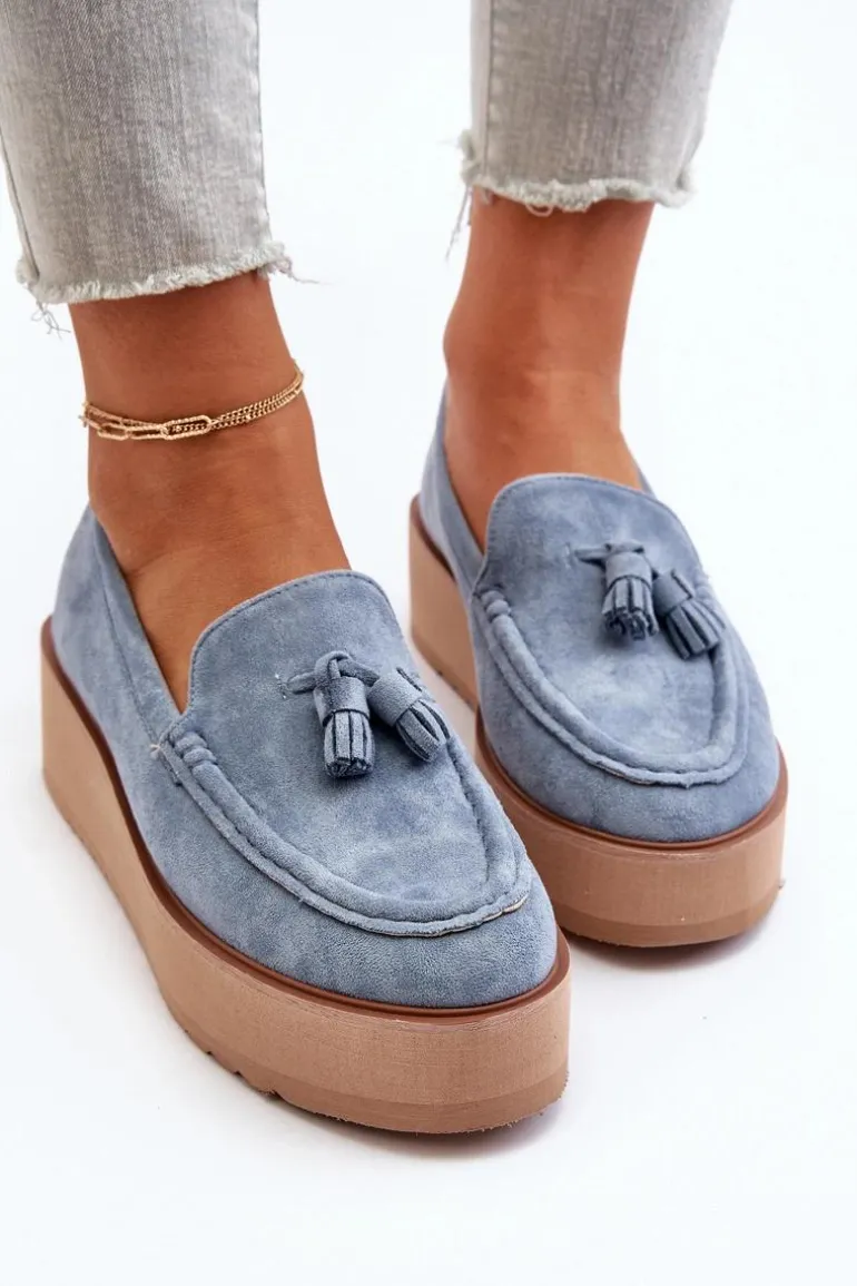 Mokasyny Damskie Na Platformie Z Frędzlami Niebieskie Mialani