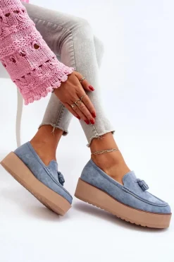 Mokasyny Damskie Na Platformie Z Frędzlami Niebieskie Mialani