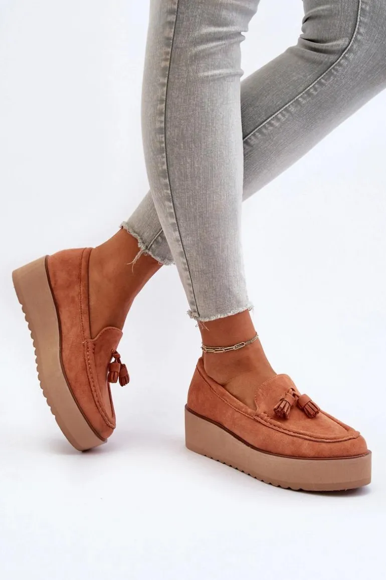 Mokasyny Damskie Na Platformie Z Frędzlami Pomarańczowe Mialani