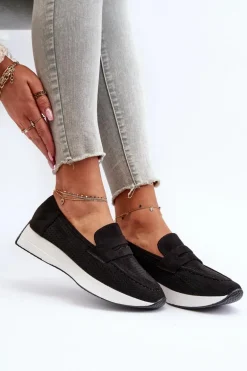 Mokasyny Damskie Na Platformie Eko Zamszowe Czarne Inesqua