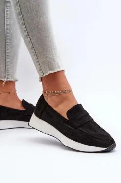 Mokasyny Damskie Na Platformie Eko Zamszowe Czarne Inesqua