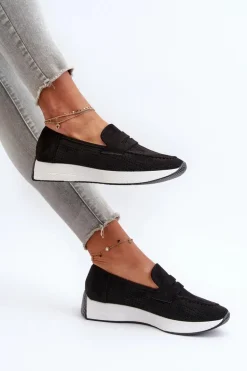 Mokasyny Damskie Na Platformie Eko Zamszowe Czarne Inesqua